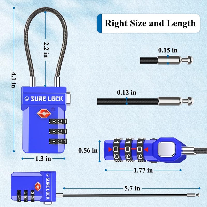 SURE LOCK TSA Approved Cable Luggage Lock â€“ TSA Locks for Luggage with Visual Inspection Indicator, Resettable 3-Digit Combination, Zinc Alloy Body for Suitcases, Backpacks, Gym Lockers(Blue 2 Pack) - Image 4